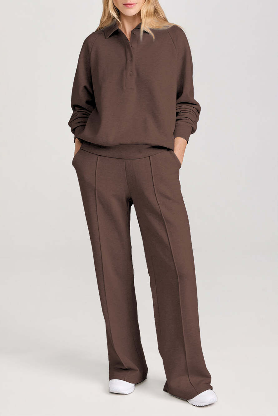 Dark Brown Solid Collared Sweatshirt and High Waist Pants Active Set - Picture 2 of 8